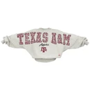 Light heather grey Pressbox Texas A&M crewneck sweatshirt featuring oversized patterned Texas A&M lettering across the chest and sleeves, script Aggies, maroon A&M logo, and a relaxed oversized silhouette.
