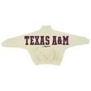 Cream Pressbox Texas A&M mockneck sweatshirt with an oversized fit, wide sleeves, small maroon A&M logo on the front, and large Texas A&M Aggies lettering across the back.