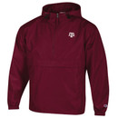 Champion maroon Texas A&M hooded quarter-zip jacket featuring a white A&M chest logo, adjustable hood, elastic cuffs, and Texas A&M Established 1876 Aggies lettering across the back.