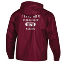 Champion maroon Texas A&M hooded quarter-zip jacket featuring a white A&M chest logo, adjustable hood, elastic cuffs, and Texas A&M Established 1876 Aggies lettering across the back.
