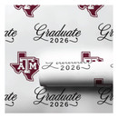 Aspen & Arlo Texas A&M Aggies graduation wrapping paper with Graduate 2026 script and Texas A&M logos on white background, 30 inch roll.