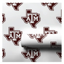 Aspen & Arlo Texas A&M Aggies wrapping paper with repeating Texas A&M logos and Texas state outline pattern on white background, 30 inch rolls.