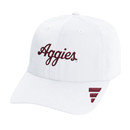 White Texas A&M Aggies adjustable hat with maroon script Aggies embroidery and maroon logo detail on brim