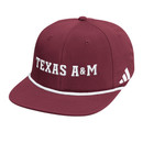 Maroon Texas A&M flat bill adjustable hat with white Texas A&M lettering and white rope detail on brim