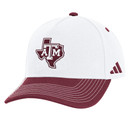 White and maroon Texas A&M adjustable hat with Texas shaped ATM logo and stitched maroon curved brim