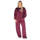 Scarlet & Gold maroon wide leg pants featuring a relaxed full-length silhouette, comfortable waistband, and side pockets, shown styled with a coordinating maroon crewneck for a matching casual look.