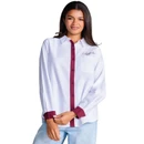 Stewart Simmons white Texas A&M button-down shirt featuring maroon contrast button placket and cuffs, script Aggies embroidery, chest pocket, pointed collar, long sleeves, and a curved hem.