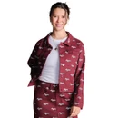 Stewart Simmons maroon Texas A&M jacket featuring an allover white script Aggies print, pointed collar, front button closure, flap chest pockets, long sleeves, and matching maroon buttons.