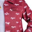 Stewart Simmons maroon Texas A&M jacket featuring an allover white script Aggies print, pointed collar, front button closure, flap chest pockets, long sleeves, and matching maroon buttons.