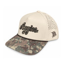 Branded Bills Texas A&M baseball cap featuring a cream crown, raised camouflage Aggies script, camo curved bill, dark rope accent, perforated ventilation panels, embroidered side logo, and adjustable snapback closure.