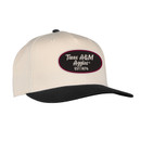 Ahead Headwear Texas A&M cap featuring a cream crown, black bill and top button, oval Texas A&M Aggies Est. 1876 front patch, and adjustable two-tone snapback closure.