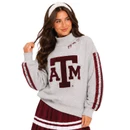 Brianna Cannon gray Texas A&M mockneck sweatshirt featuring a large maroon A&M logo, script Gig ’Em detail, sparkling maroon sequin sleeve stripes, long sleeves, and ribbed trim.