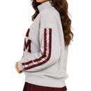 Brianna Cannon gray Texas A&M mockneck sweatshirt featuring a large maroon A&M logo, script Gig ’Em detail, sparkling maroon sequin sleeve stripes, long sleeves, and ribbed trim.