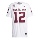 Adidas Texas A&M Aggies white football jersey with maroon number 12 graphics front and back