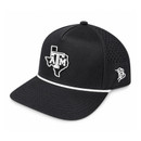 Branded Bills black Texas A&M performance cap featuring a raised white A&M Texas state logo, white rope accent, curved bill, perforated ventilation panels, embroidered side branding, and adjustable black snapback closure.