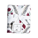 Ida Mae standard pillow sham featuring maroon and red floral patterns, green botanical accents, decorative black scrollwork, and a coordinating printed backing on a white background.