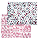 Ida Mae standard pillow sham featuring maroon and red floral patterns, green botanical accents, decorative black scrollwork, and a coordinating printed backing on a white background.