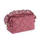 Shiraleah small quilted pouch featuring maroon and white gingham, stitched bow details, striped ruffle trim, zip-top closure, and a pearl-inspired zipper accent for storing small essentials.