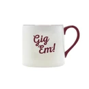 Valiant Gifts Texas A&M white mug with maroon handle, featuring “Gig ’Em!” lettering on one side and Reveille with a 12th Man flag, A&M football helmet, and gameday details on the reverse.