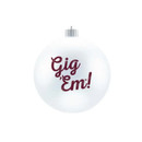 Valiant Gifts Texas A&M white round ornament featuring maroon “Gig ’Em!” lettering on one side and Reveille with a 12th Man flag, A&M football helmet, and gameday details on the reverse.