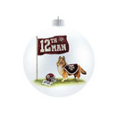 Valiant Gifts Texas A&M white round ornament featuring maroon “Gig ’Em!” lettering on one side and Reveille with a 12th Man flag, A&M football helmet, and gameday details on the reverse.