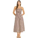 Women’s maroon and cream striped midi dress featuring spaghetti straps, a square neckline, ruched fitted bodice, defined waist, and full gathered midi-length skirt with vertical stripes.