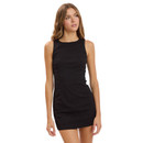 Sky to Moon black sleeveless mini dress featuring a fitted silhouette, scoop neckline, clean seam detailing, mini-length hem, and back zipper closure for a sleek and versatile style.