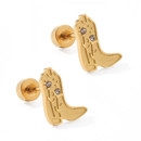 Linny Co gold-tone screwback stud earrings featuring cowboy boot designs with rhinestone accents and secure screwback closures for western-inspired everyday style.