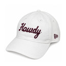 New Era Texas A&M white adjustable cap featuring maroon embroidered Howdy script on the front, curved bill, New Era side logo, and maroon Texas A&M state logo above the adjustable back strap.