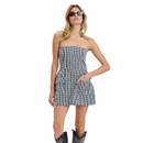 Sky to Moon strapless mini dress featuring a black and white gingham pattern, fitted bodice, front patch pockets, mini-length silhouette, and smocked back detail for a flattering fit.