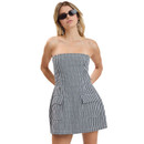 Sky to Moon strapless mini dress featuring a black and white gingham pattern, fitted bodice, front patch pockets, mini-length silhouette, and smocked back detail for a flattering fit.