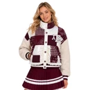 Brianna Cannon Texas A&M sherpa jacket featuring cream fuzzy sleeves, maroon and white patchwork panels with gingham, polka dots and floral prints, lace trim, striped cuffs, and an A&M logo.