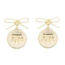Brianna Cannon gold-tone drop earrings featuring delicate bow studs and round Texas A&M logo charms surrounded by sparkling crystal accents for an elegant Aggie game day look.