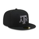 Black New Era Texas A&M fitted cap featuring a raised grey A&M logo on the front, tonal script Aggies embroidery on the side, grey Aggies lettering on the back, and a flat bill.
