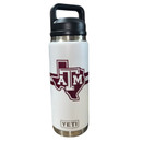 White YETI 20 oz Texas A&M bottle featuring a vintage Gig ’Em Aggies Ol’ Sarge graphic, Texas-shaped A&M logo, black handled lid, and stainless steel accents.
