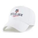 ’47 Brand white Texas A&M adjustable cap featuring a patriotic American flag A&M logo above navy Texas A&M and red script Aggies lettering, with a curved bill and back strap.
