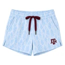 Brianna Cannon Texas A&M Bluebonnet Shorts featuring a white and light blue floral print, maroon drawstring waistband, side pockets, and a maroon A&M logo near the lower hem.