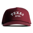 Concho maroon Texas A&M cap featuring white embroidered Texas lettering arched across the front with A&M underneath, a structured crown, and coordinating maroon bill for a classic collegiate look.