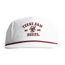 Concho white Texas A&M rope cap featuring maroon embroidered Texas A&M and Aggies lettering, an Ol’ Sarge graphic, Est 1876 details, white bill, and maroon rope accent.