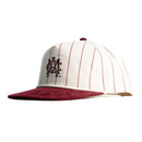 Concho Texas A&M cap featuring a cream crown with thin maroon vertical pinstripes, embroidered vintage A&M monogram, maroon top button, and contrasting maroon corduroy bill.