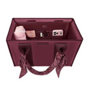Maroon Case-Mate tote organizer insert featuring a structured rectangular design, open top, spacious center compartment, and multiple interior pockets holding a pink water bottle, cosmetics, sunglasses, and phone.