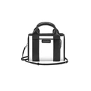 Case-Mate black and clear mini stadium tote featuring transparent panels, black trim, two structured top handles, a detachable adjustable crossbody strap, and a rectangular silhouette with a Case-Mate logo on the front.