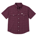 Ferrell Brand Texas A&M men's maroon western short sleeve button-down shirt featuring an allover floral and paisley bandana print, pearl snap buttons, dual flap chest pockets, pointed collar, and western back yoke.