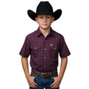 Ferrell Brand youth maroon western short sleeve button-down shirt featuring an allover floral and paisley bandana pattern, pearl snap buttons, dual flap chest pockets, pointed collar, and subtle Ferrell Brand detailing.