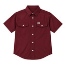 Ferrell Brand youth solid maroon western short sleeve button-down shirt featuring pearl snap buttons, two pointed flap chest pockets, a traditional collar, western yoke stitching, and a small Ferrell Brand logo tag.
