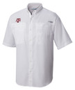 Columbia men’s white short sleeve button down shirt featuring the Texas A&M logo on the chest, breathable performance fabric, and dual front pockets.