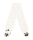 ’47 Brand Texas A&M knit scarf in cream featuring a cable knit design, faux fur pom accents on each end, and embroidered Texas A&M logo patch.