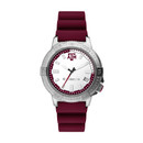 Men’s Texas A&M Aggies wristwatch with maroon rubber strap, silver-tone case, textured bezel, and white face displaying the Texas A&M logo and date window.