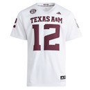 Adidas Texas A&M white football jersey featuring large maroon number 12 on the back.