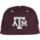 Adidas Texas A&M maroon flat brim hat featuring raised white ATM logo on the front, structured crown Aggies snapback cap.